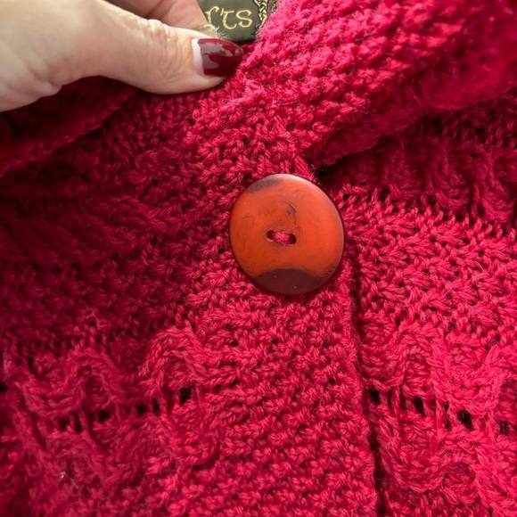 Inis Craft Large Cardigan Merino Wool Sweater One Button Cable Knit Red - Picture 9 of 12